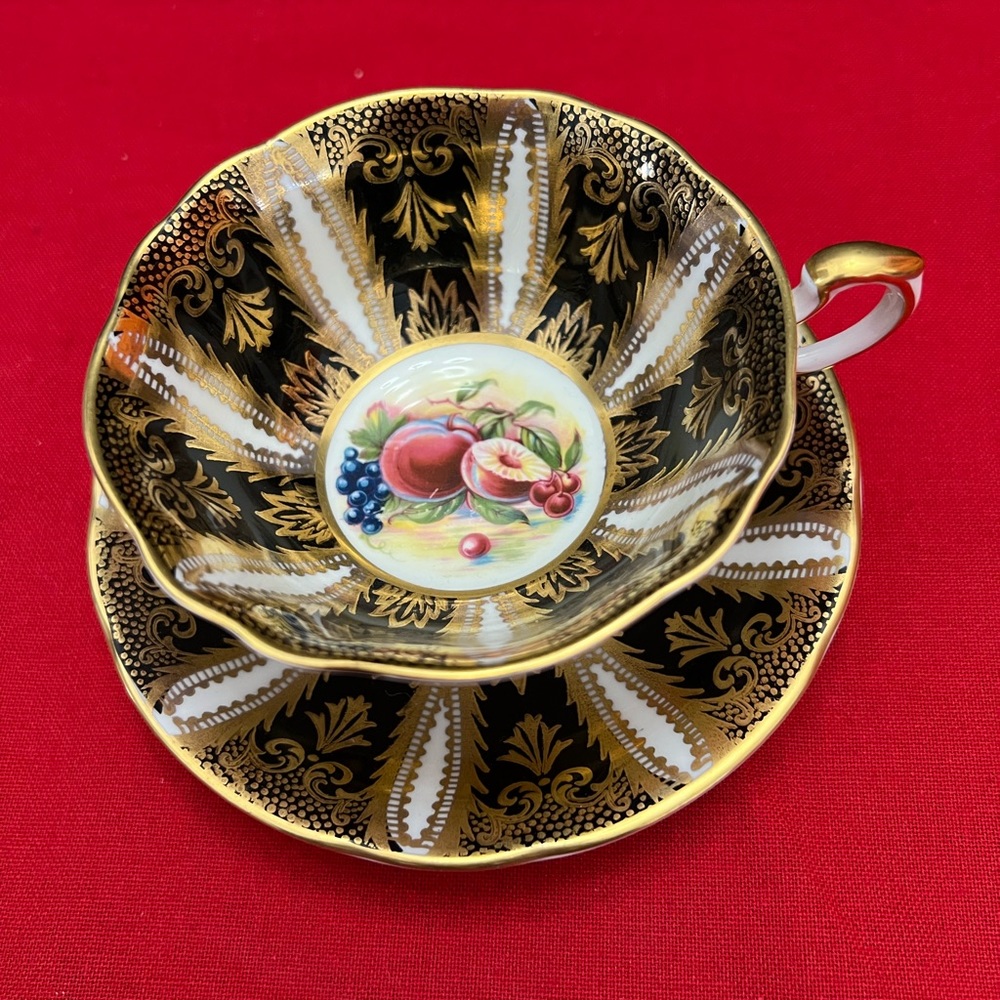 Vintage Paragon Tea Cup and Saucer Black and gold painted Orchard fruits